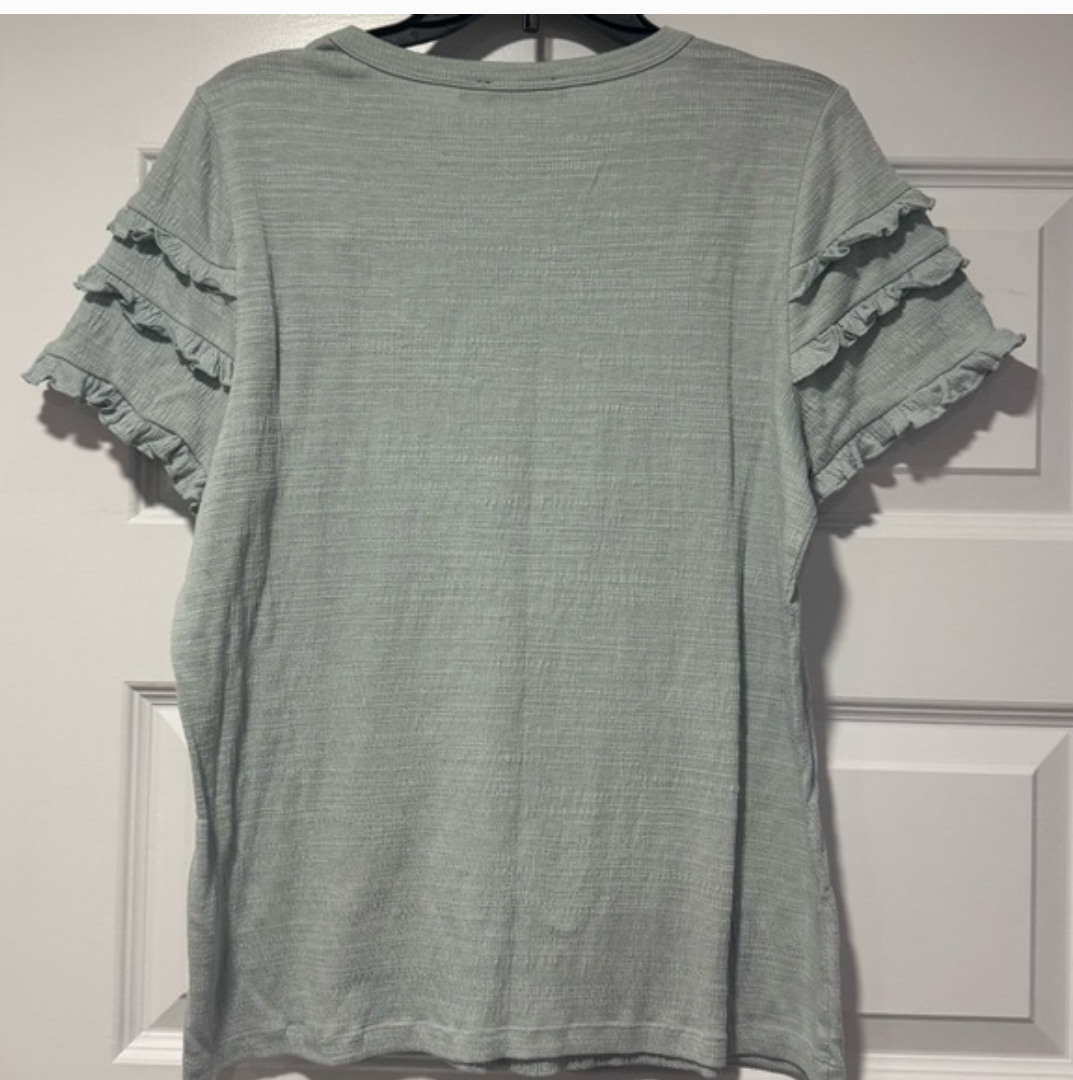 Sage Green Ruffle Sleeve Top – Soft Ribbed Summer Blouse Sz M C31