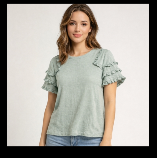 Sage Green Ruffle Sleeve Top – Soft Ribbed Summer Blouse Sz M C31