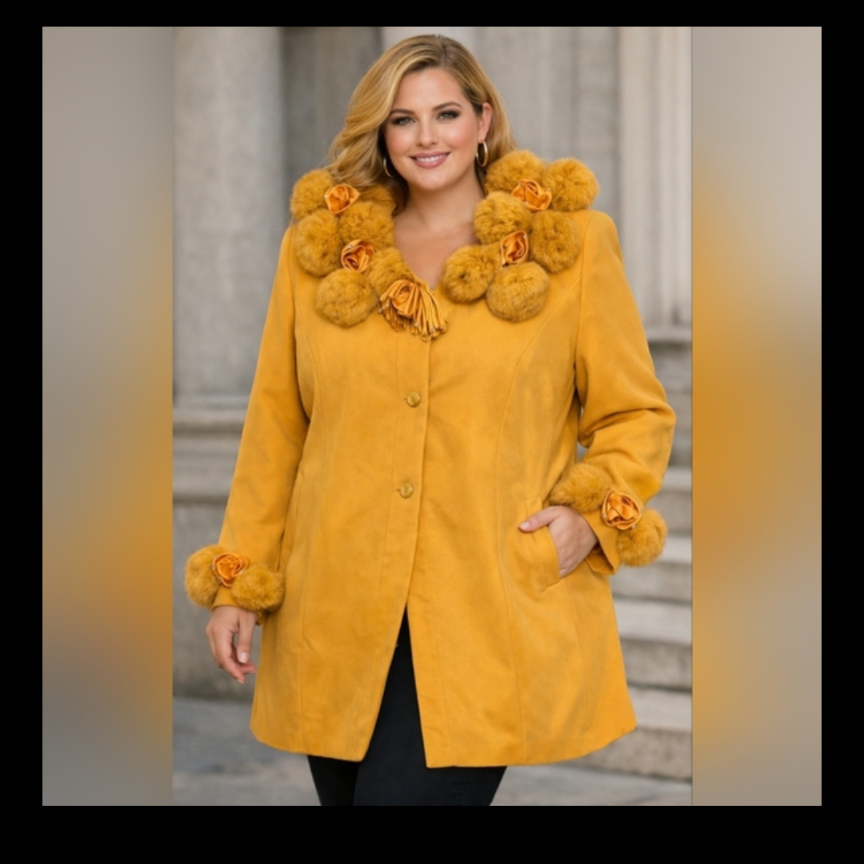 Studio C Collection Coat Women’s 24W Mustard Faux Fur Pom Statement Blazer