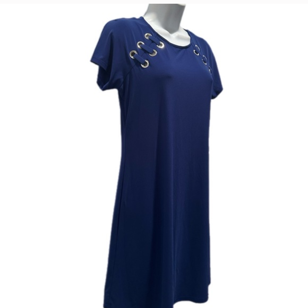MSK Navy Blue Grommet Detail Dress Size Small Short Sleeve A-Line Casual Chic