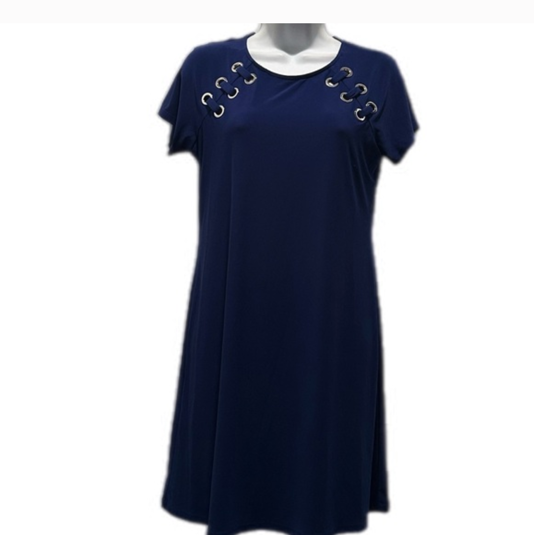 MSK Navy Blue Grommet Detail Dress Size Small Short Sleeve A-Line Casual Chic