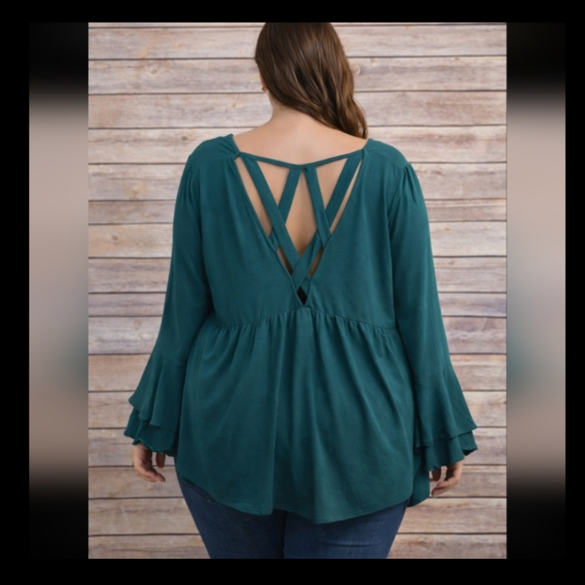 1XL She + Sky bell sleeve, crisscross back top