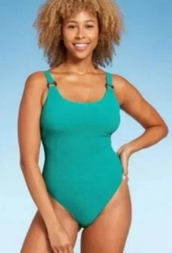 Shade & Shore Women's Square Neck Pucker High Leg Swimsuit. Sz 16. #C2