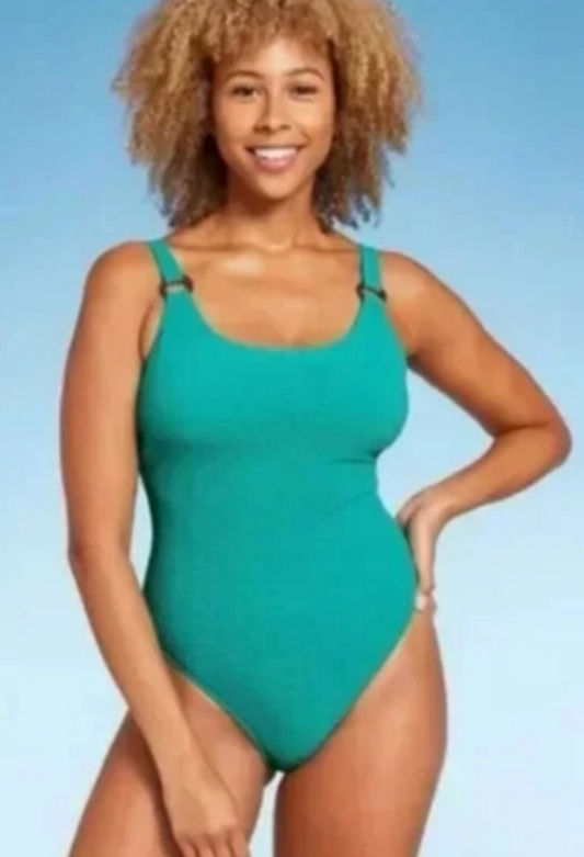 Shade & Shore Women's Square Neck Pucker High Leg Swimsuit. Sz 16. #C2