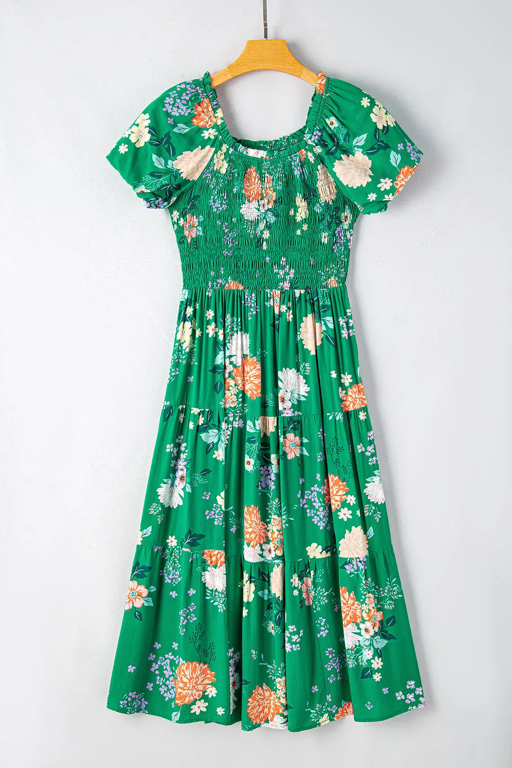 Green Floral Print Bubble Sleeve Smocked Tiered Midi Dress - Scarlett's Riverside Boutique 