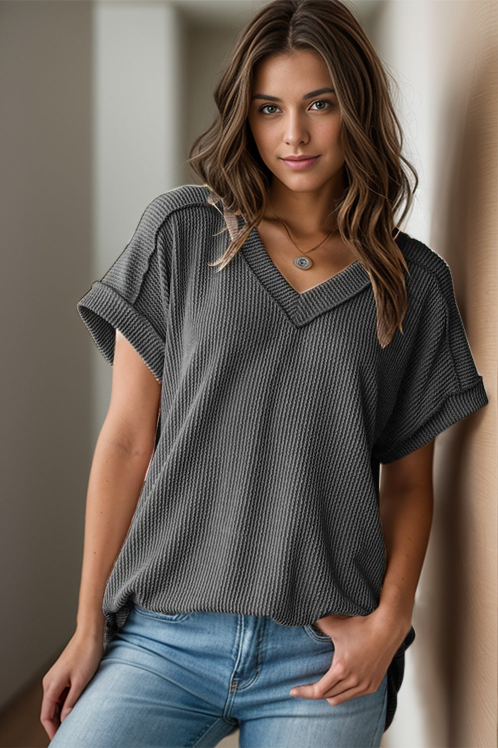 Textured V-Neck Short Sleeve Top - Scarlett's Riverside Boutique 