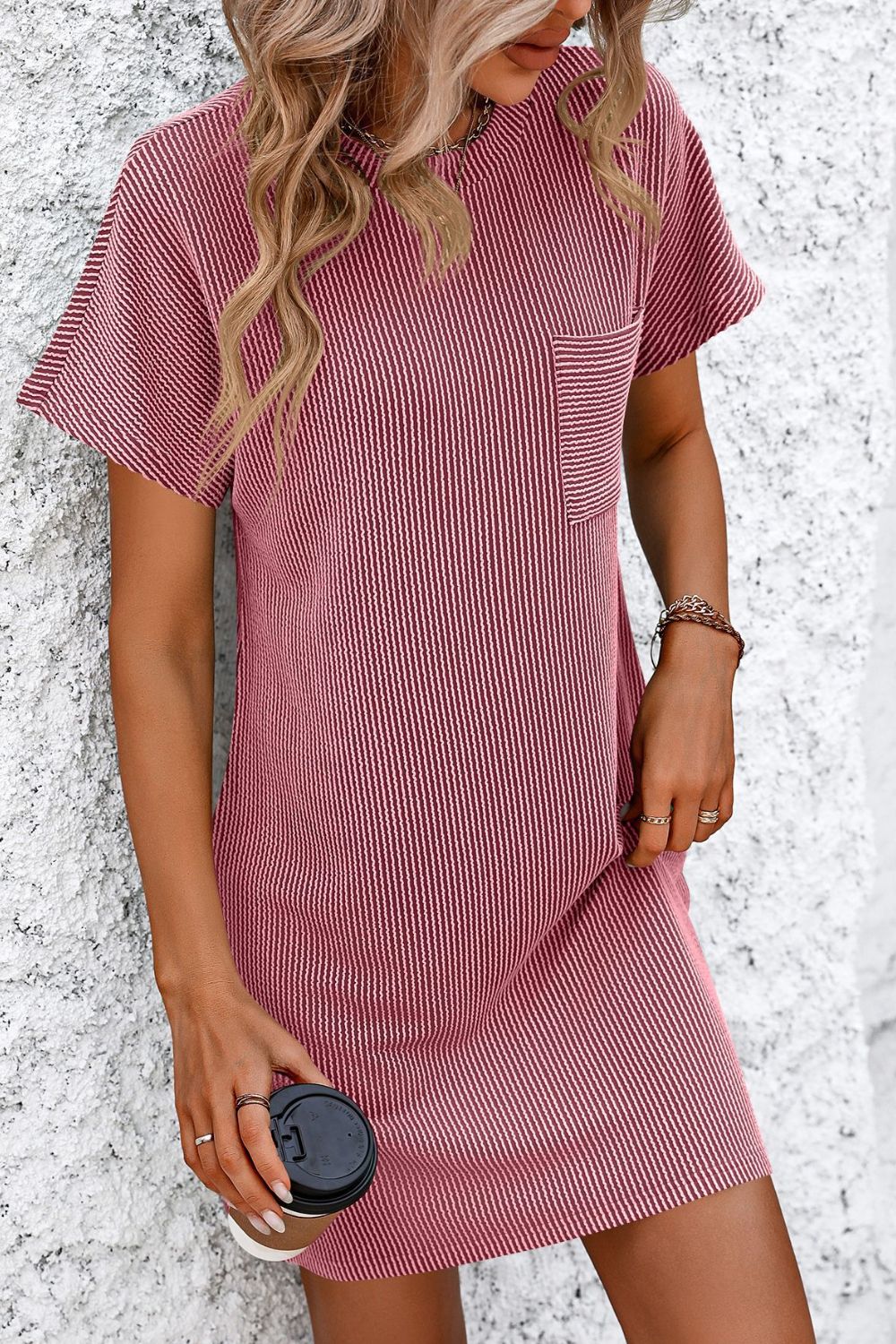 Ribbed Striped Short Sleeve Mini Tee Dress - Scarlett's Riverside Boutique 