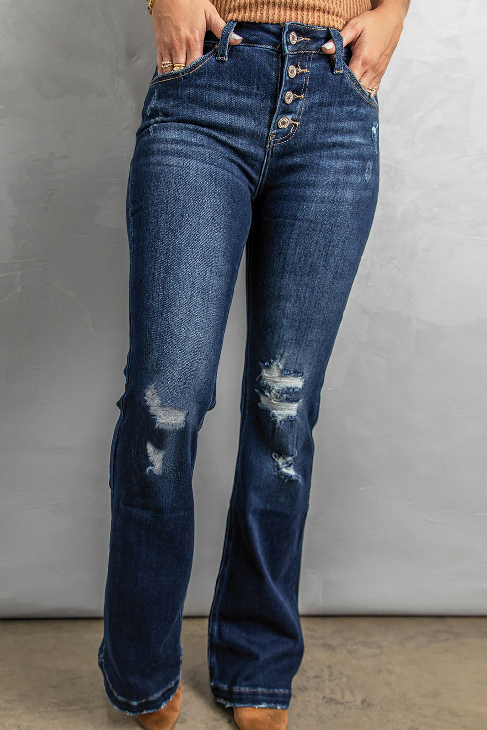 Button Fly Distressed Bootcut Jeans - Scarlett's Riverside Boutique 