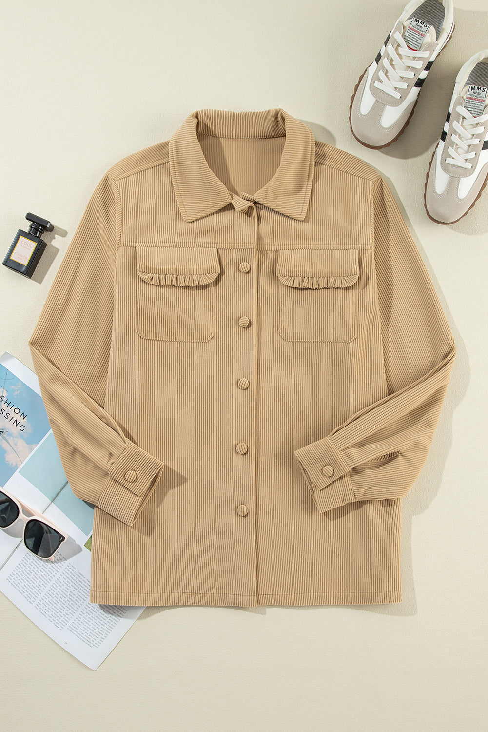 Light French Beige Solid Frilled Flap Pocket Button Up Corduroy Shacket - Scarlett's Riverside Boutique 