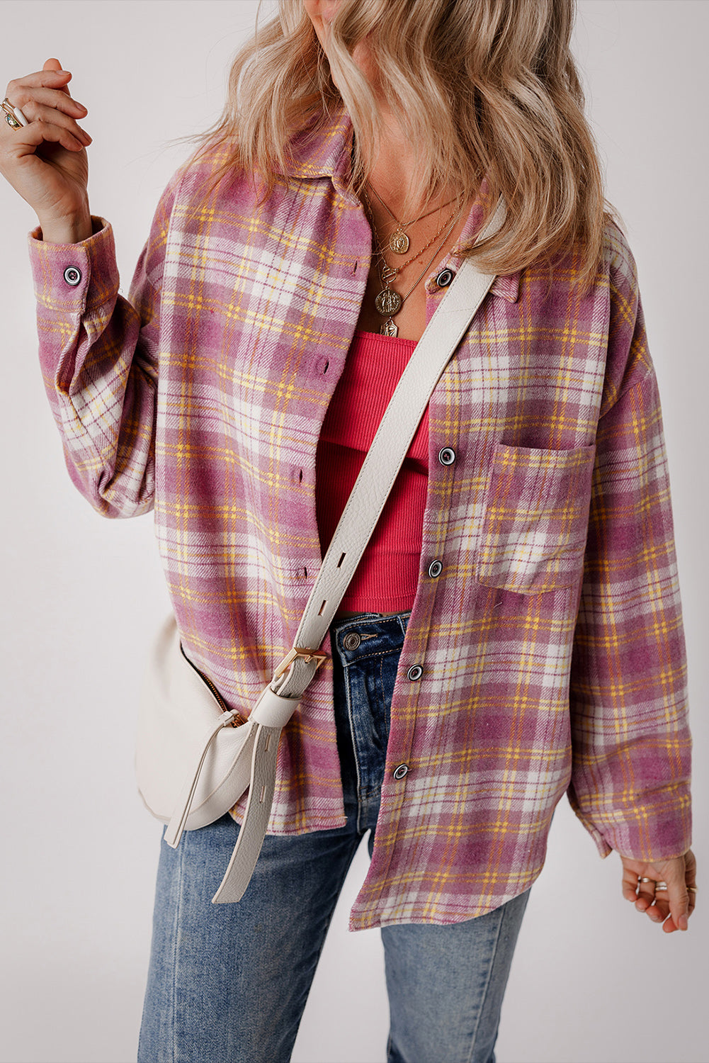 Pink Plaid Print Chest Pocket Long Sleeve Shacket - Scarlett's Riverside Boutique 