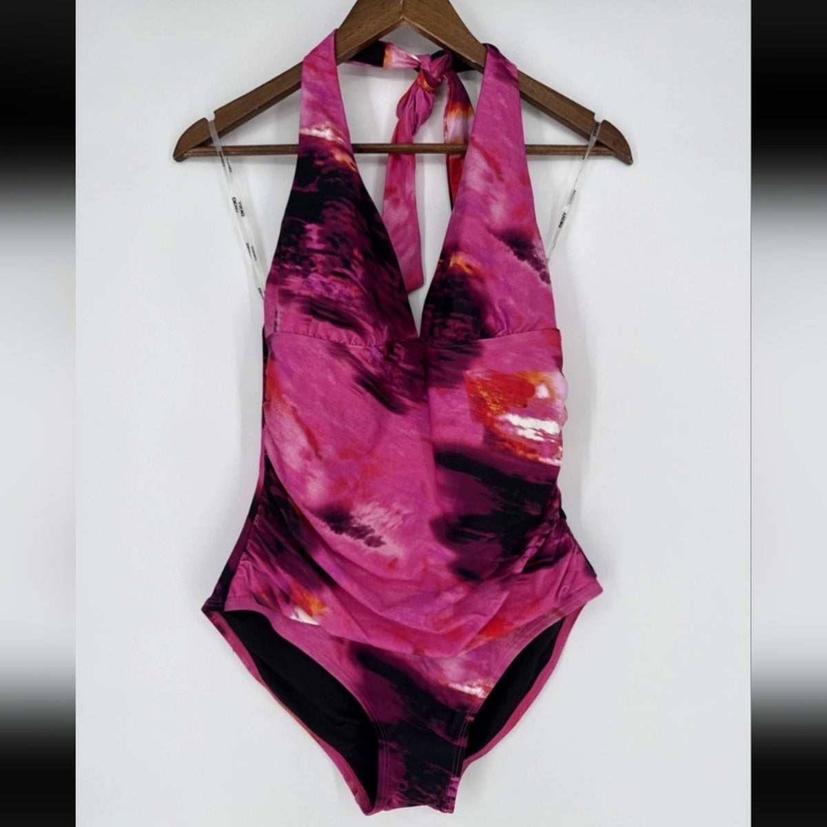 Dkny Pink and Black One Piece Swimsuit with Halter Neckline