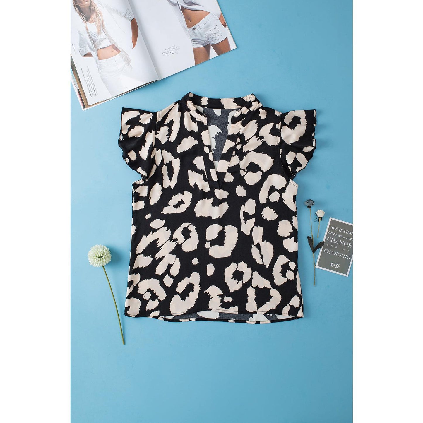 Black Leopard Ruffled Flutter Sleeve Split Neck Blouse Print Sexy Womenswear Animal Feminine Top Shirts Piece