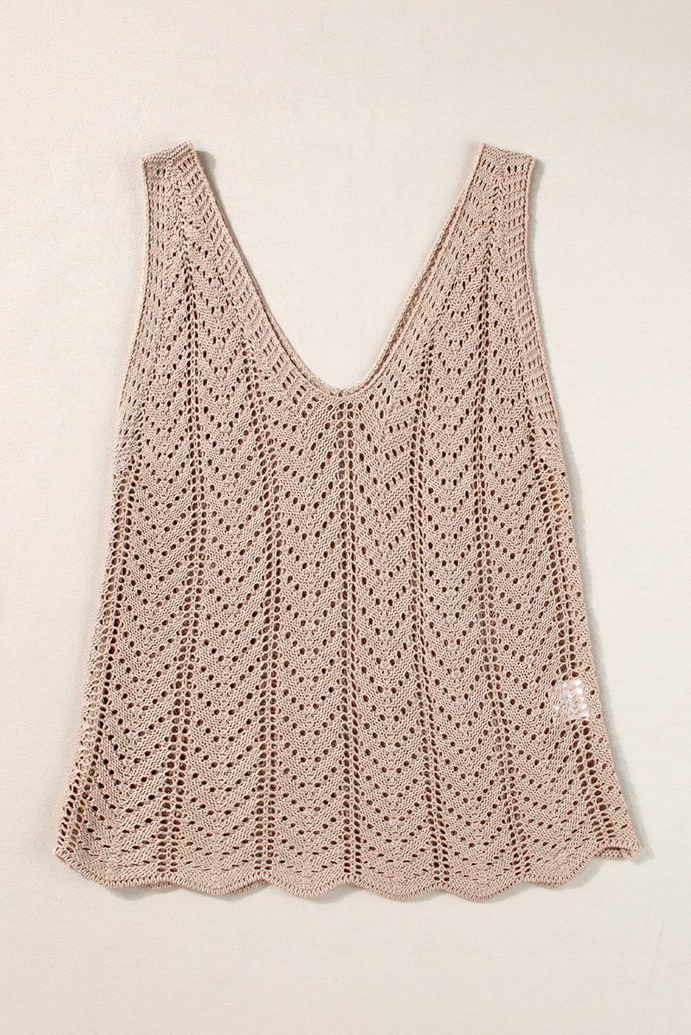 Pale Khaki Scalloped Hem V Neck Crochet Knit Vest - Scarlett's Riverside Boutique 