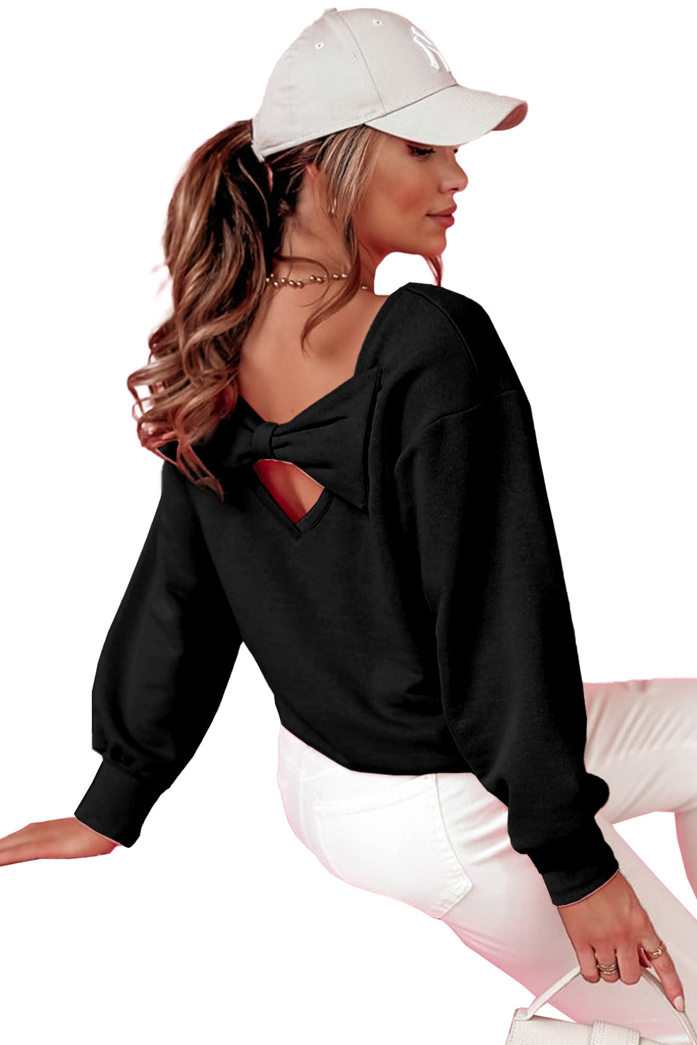 Black Bowknot Dewback Round Neck Sweatshirt - Scarlett's Riverside Boutique 