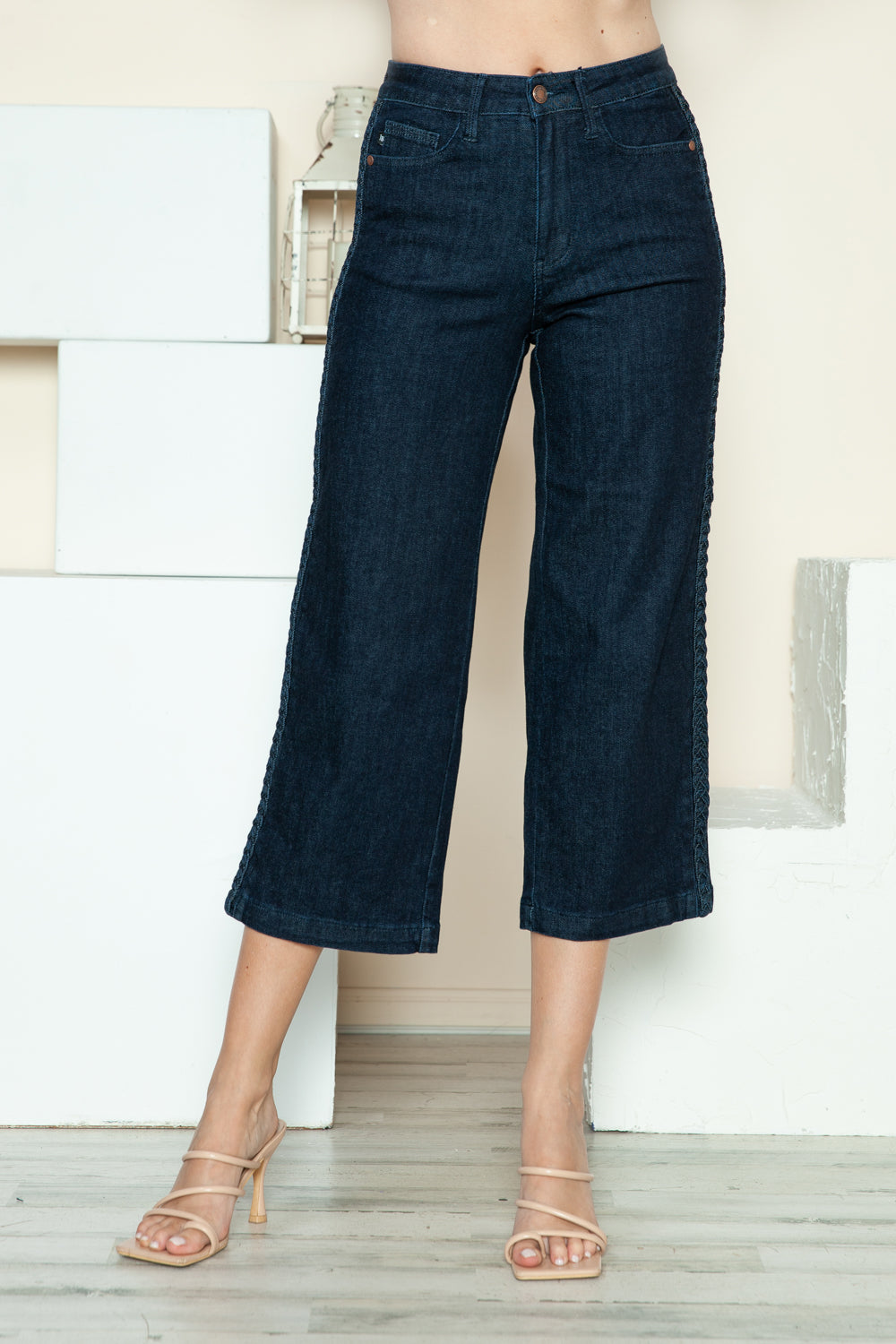 Judy Blue Full Size Side Seam Braid Detail Crop Wide Leg Jeans - Scarlett's Riverside Boutique 