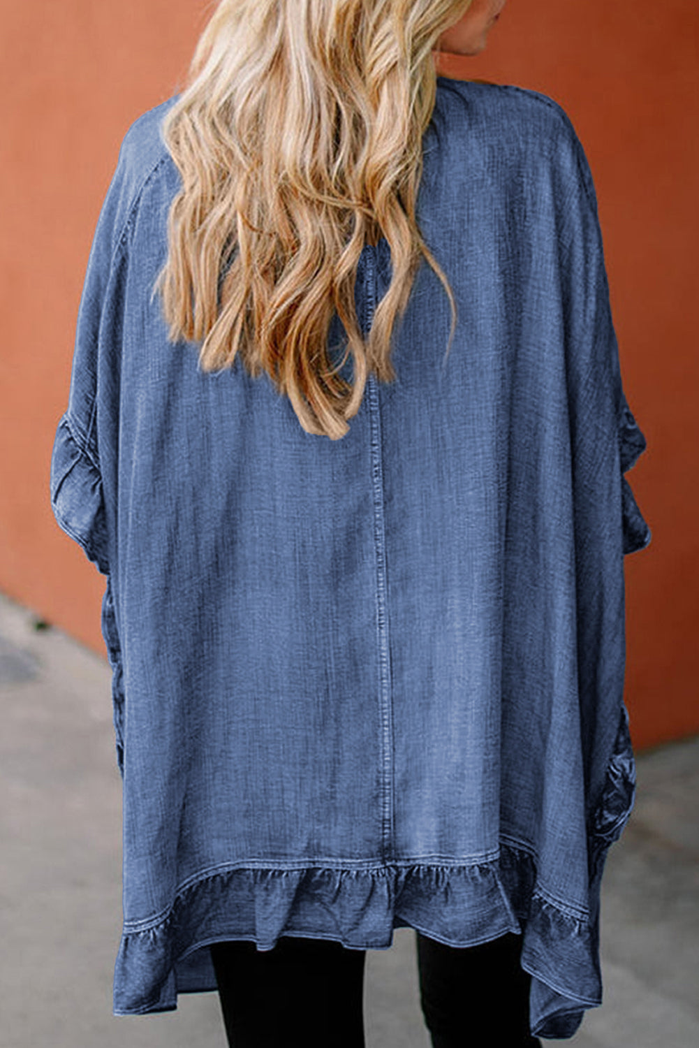 Dusk Blue Chambray Ruffle Hem Half Sleeve Open Loose Kimono - Scarlett's Riverside Boutique 