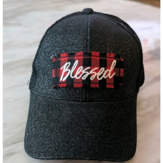 Blessed Buffalo Plaid Patch Trucker Hat Black Glitter Mesh Back Snapback Cap