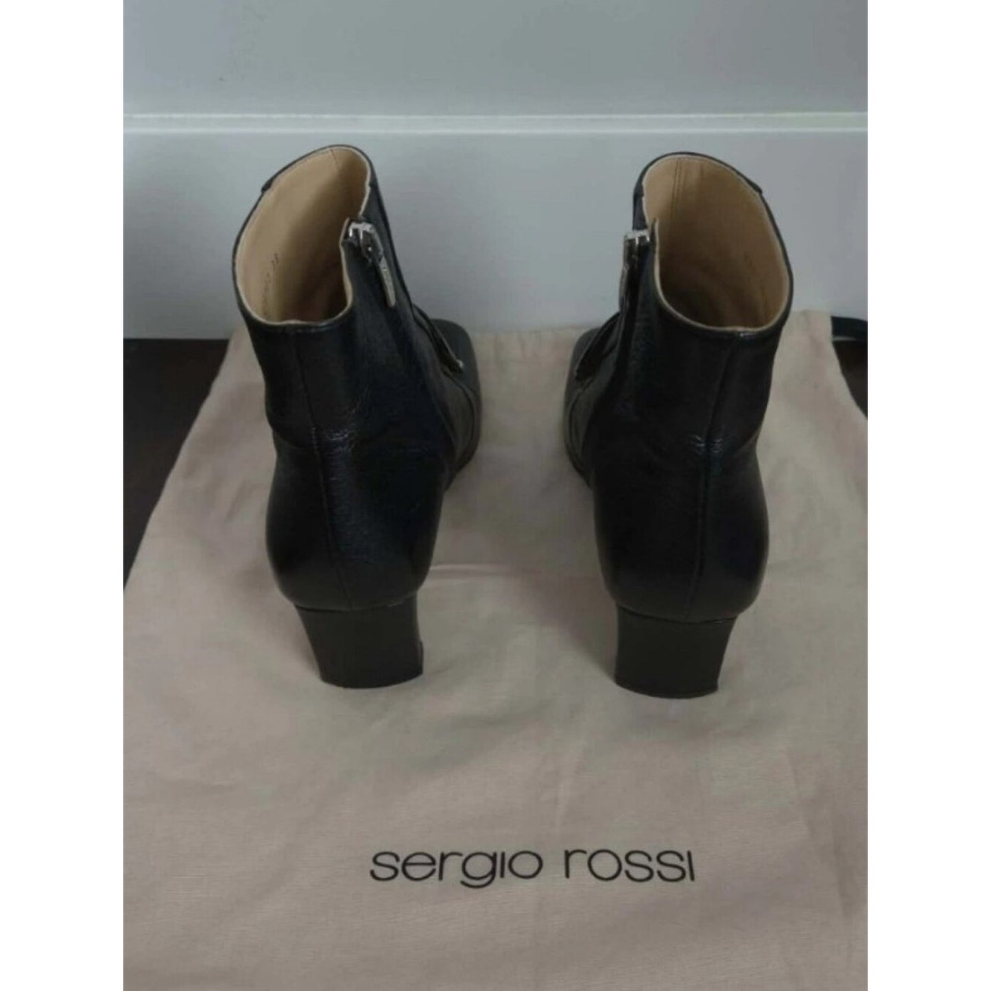 Sergio Rossi Black Leather Ankle Boots Women’s 38 Square Toe Silver Hardware