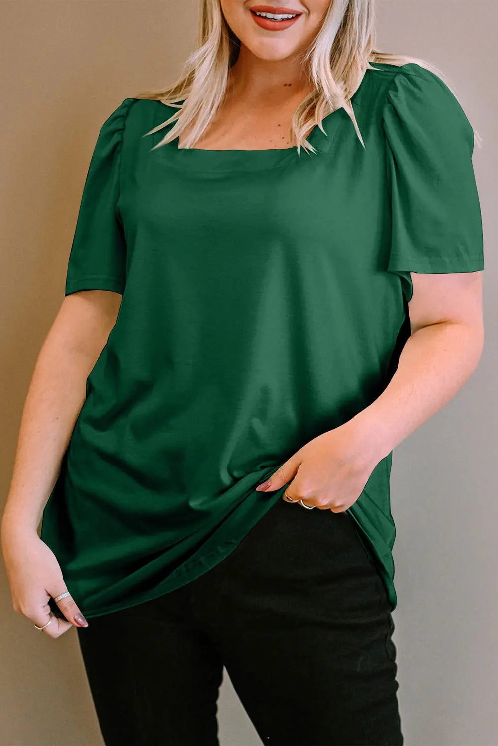 Green Plus Size Square Neck Ruched Shoulder Short Sleeve Top - Scarlett's Riverside Boutique 