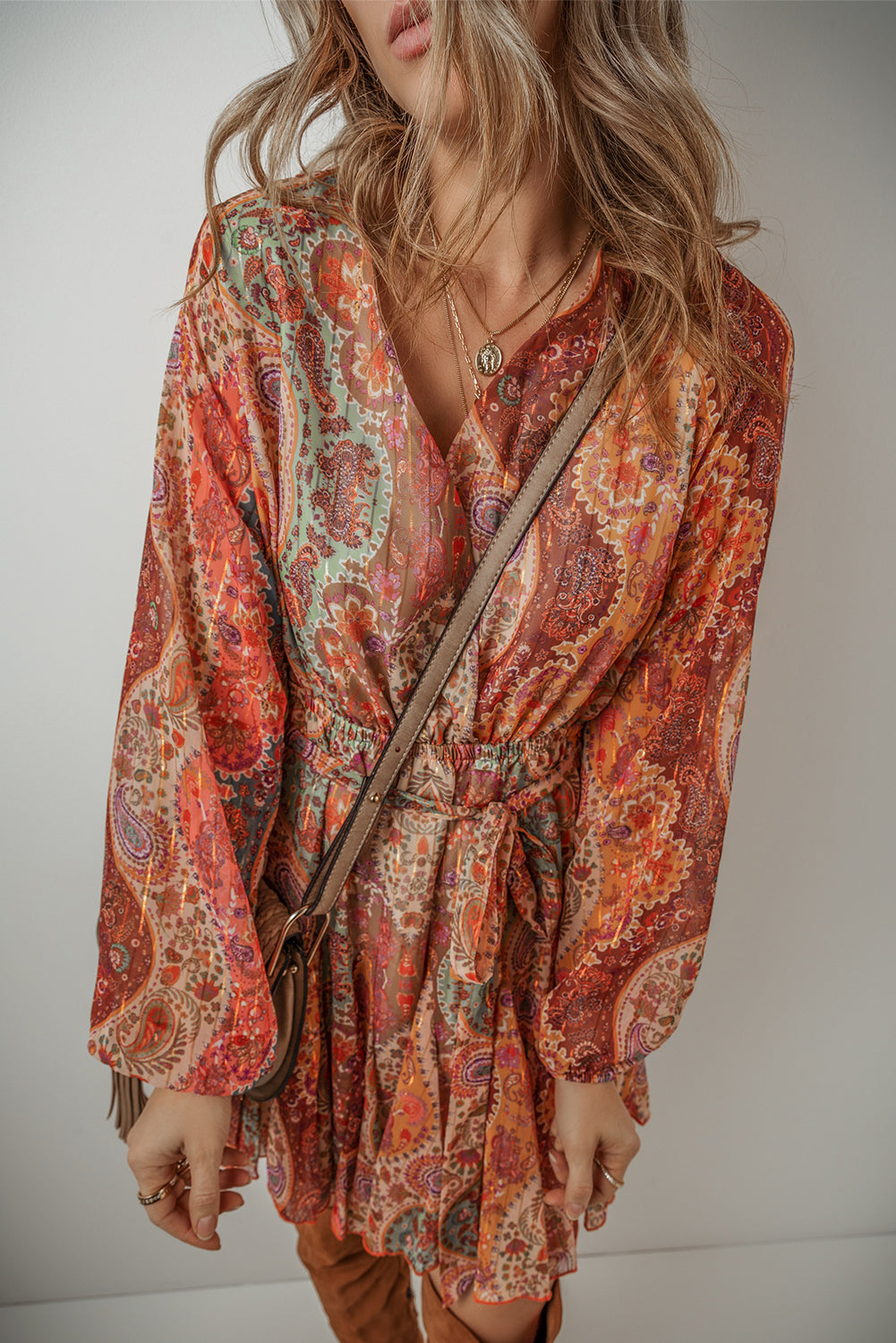 Orange Boho Paisley Print Long Sleeve Pleated Belted Mini Dress - Scarlett's Riverside Boutique 