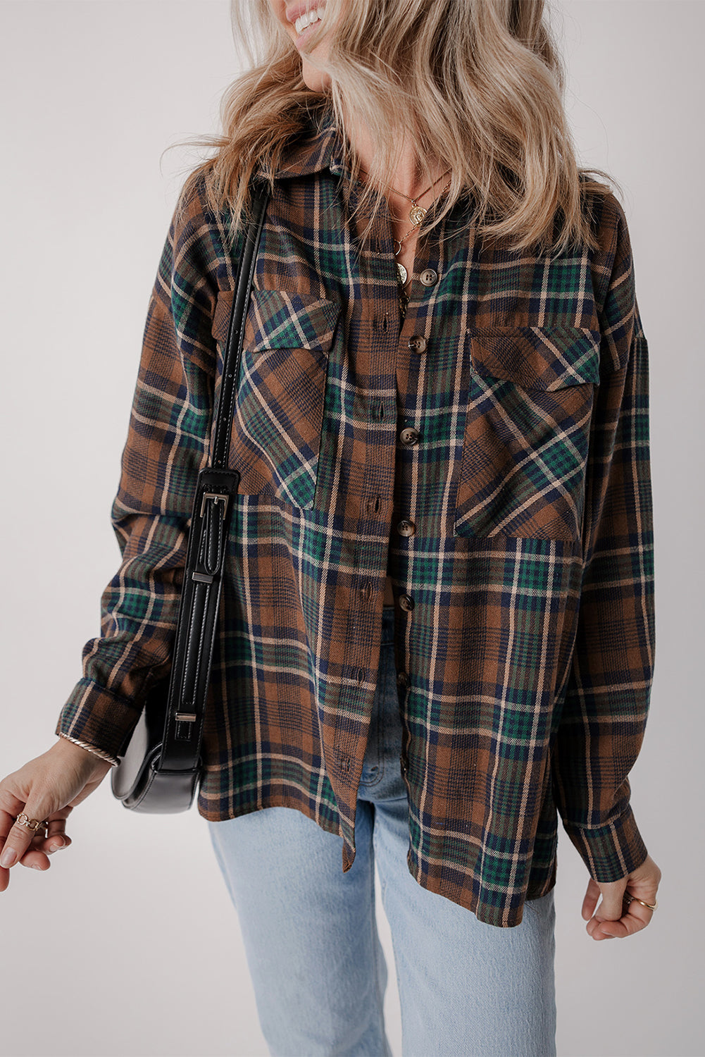 Brown Plaid Print Chest Pockets Buttoned Shirt Jacket - Scarlett's Riverside Boutique 