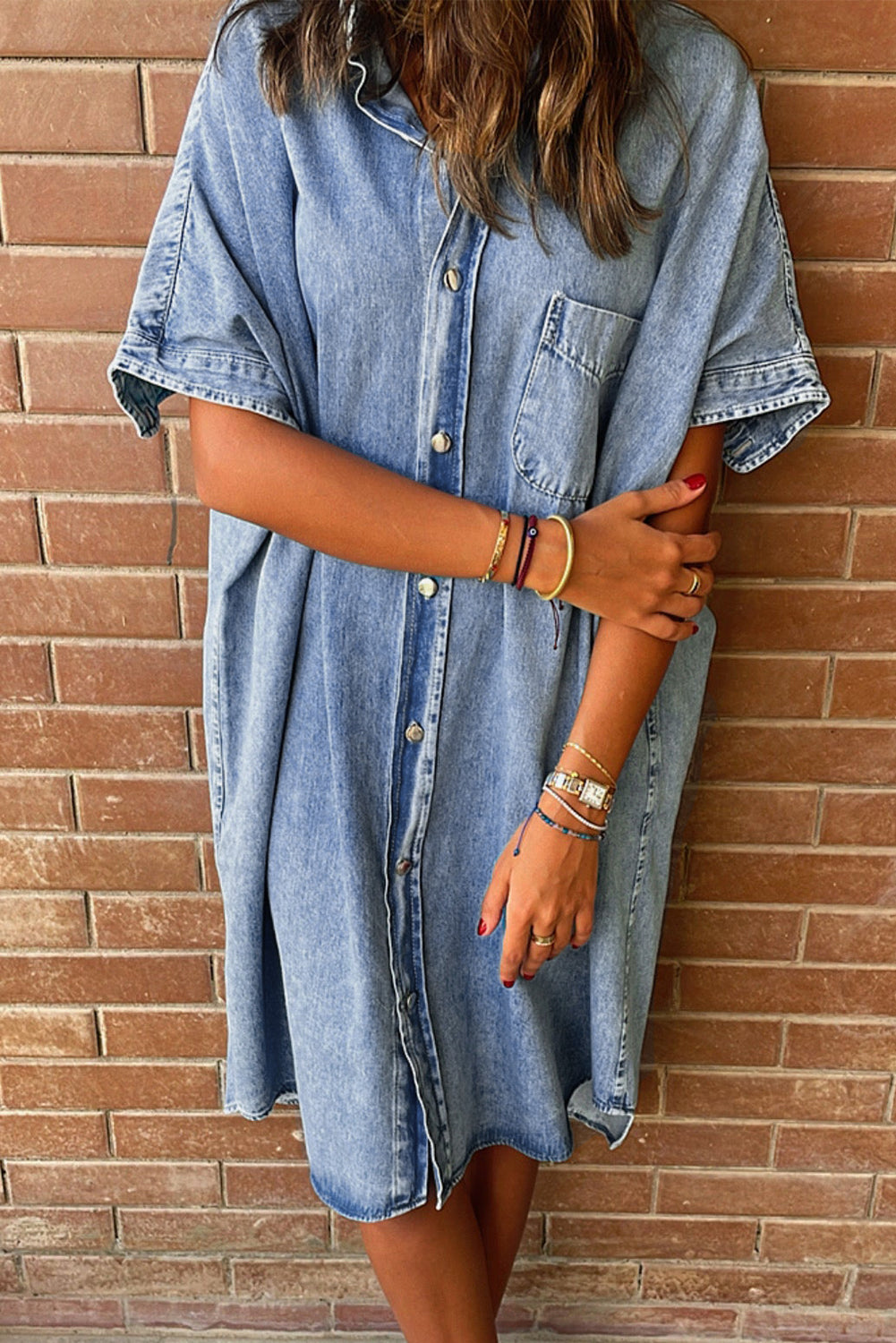 Light Blue Loose Medium Wash Short Sleeve Shirt Chambray Dress - Scarlett's Riverside Boutique 