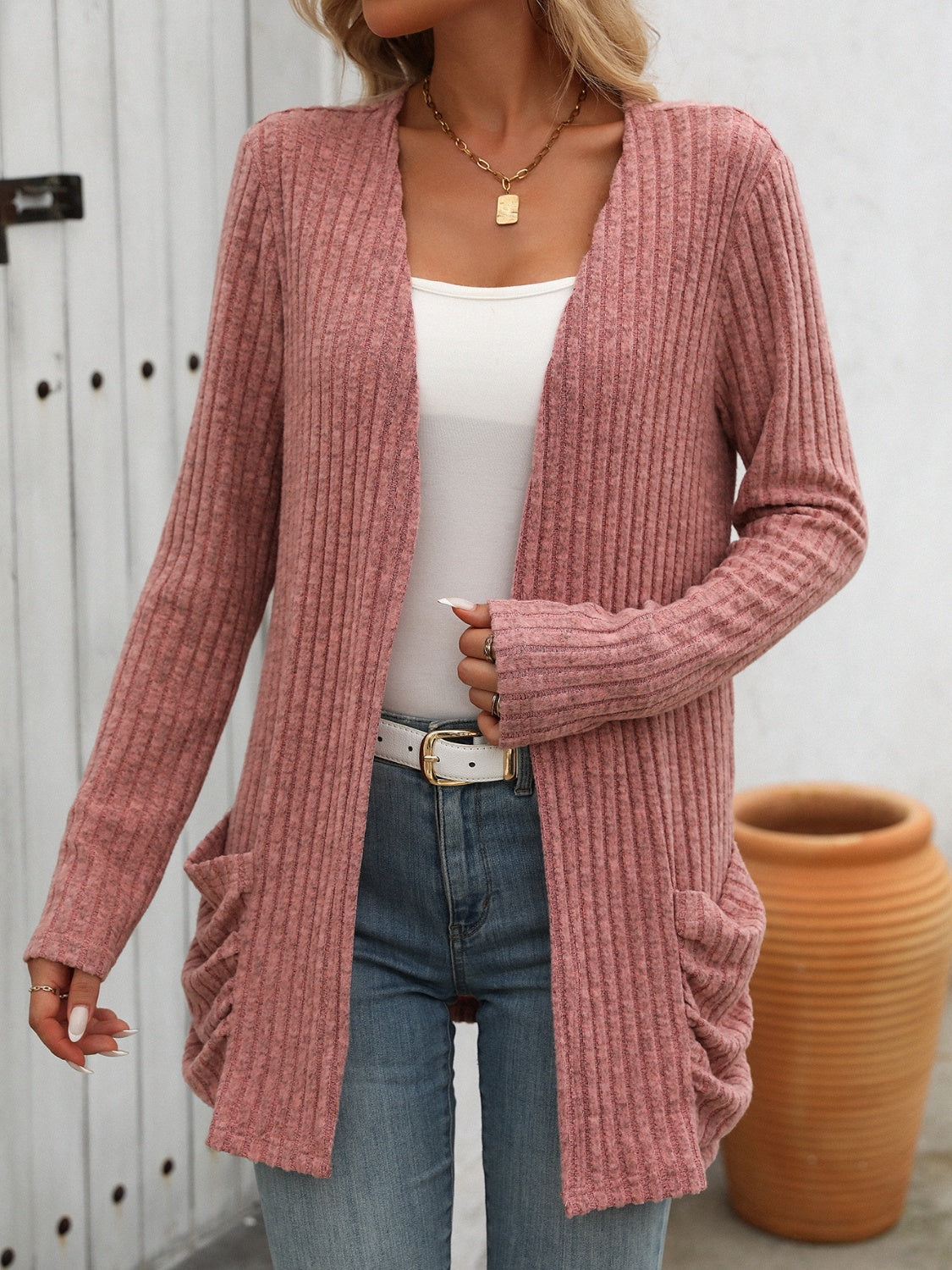 Open Front Long Sleeve Ribbed Cardigan - Scarlett's Riverside Boutique 