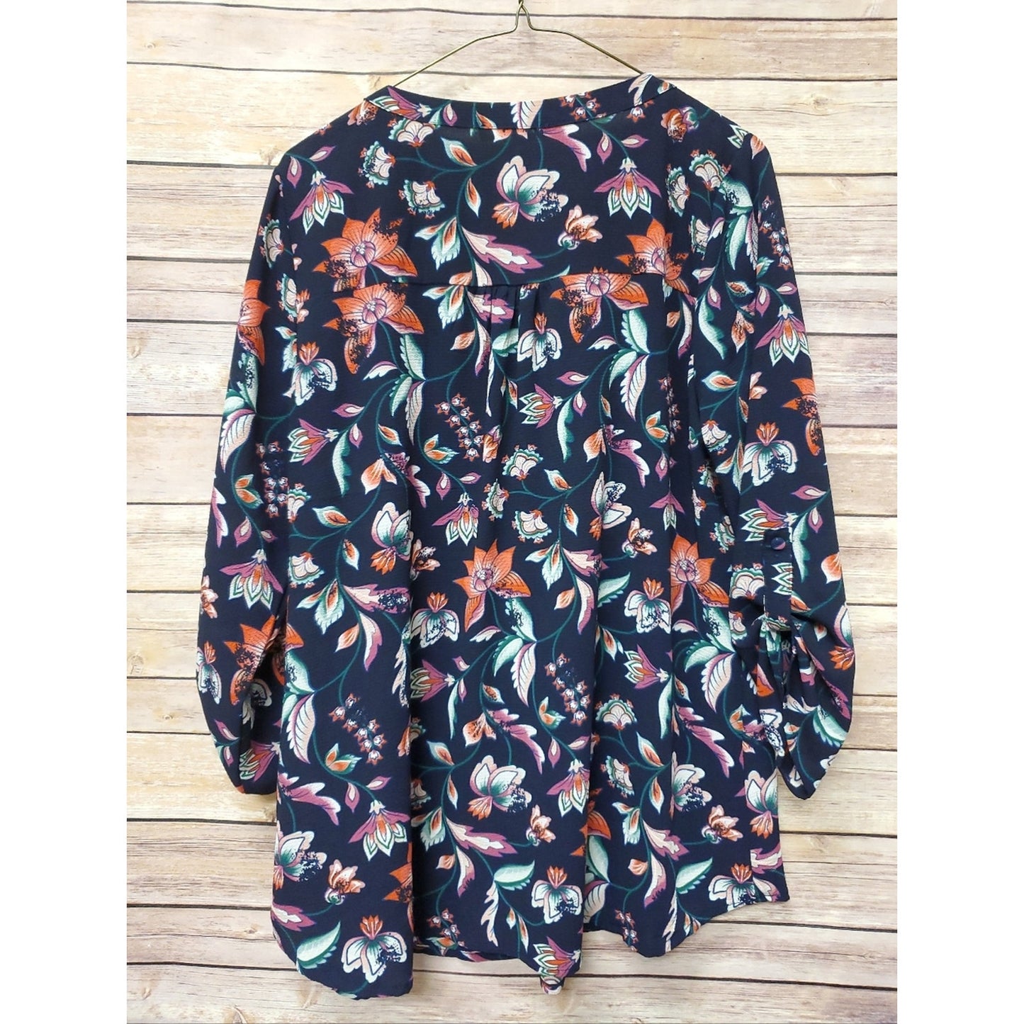 Andree by Unit Floral Peplum Blouse Women Medium Navy Boho 3/4 Sleeve Split Neck