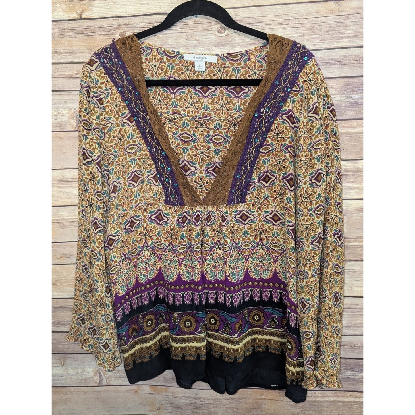 DressBarn Women’s Large Boho Peasant Top Paisley Beaded Lace Trim Rayon Blouse