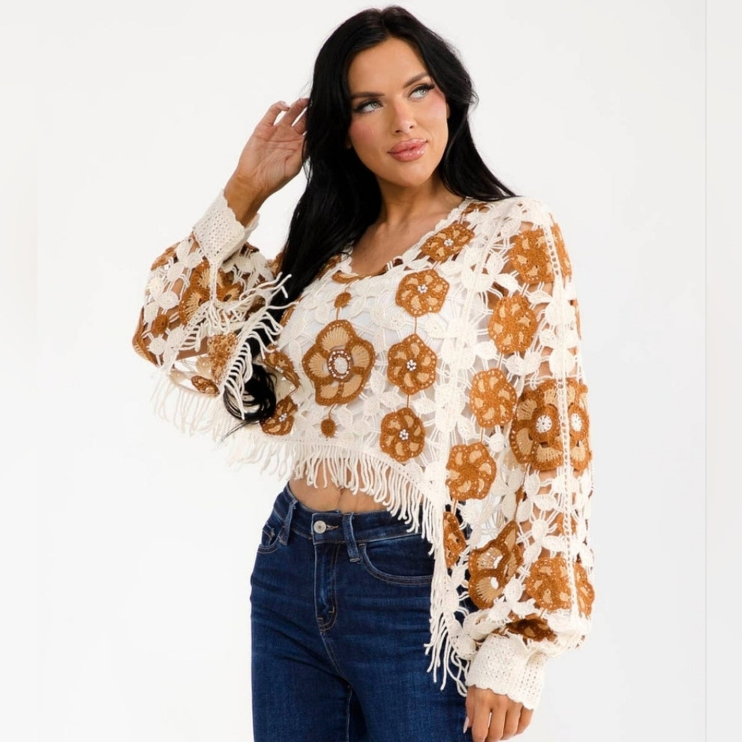 Boho Crochet Floral Fringe Crop Sweater Top Cream Brown Long Sleeve
