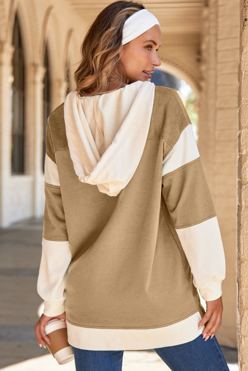 Waffle Contrast Knit Color Block Patchwork Button Front Oversize Hoodie