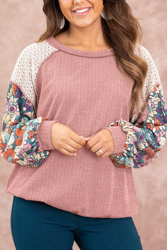 Rose Pink Floral Patchwork Puff Sleeve Textured Blouse - Scarlett's Riverside Boutique