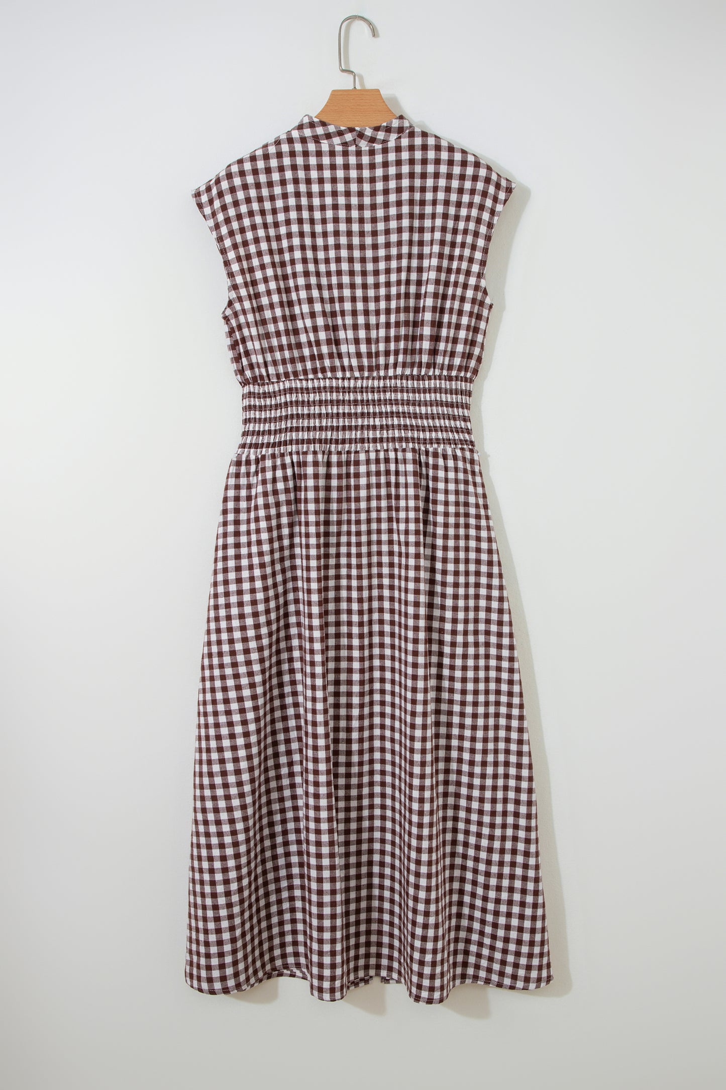 Brown Gingham Zip Front Midi Dress – Smocked Waist Sleeveless Plaid Summer Dress with Pockets