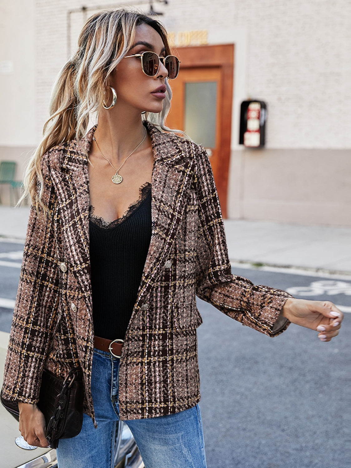 Full Size Plaid Lapel Collar Blazer - Scarlett's Riverside Boutique 