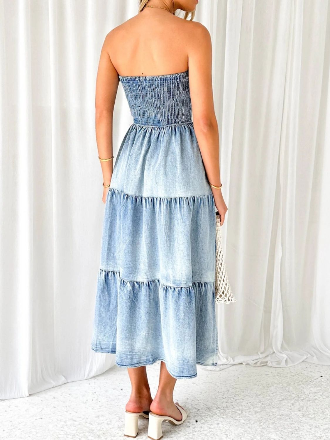 Slit Smocked Tube Tiered Denim Dress - Scarlett's Riverside Boutique 