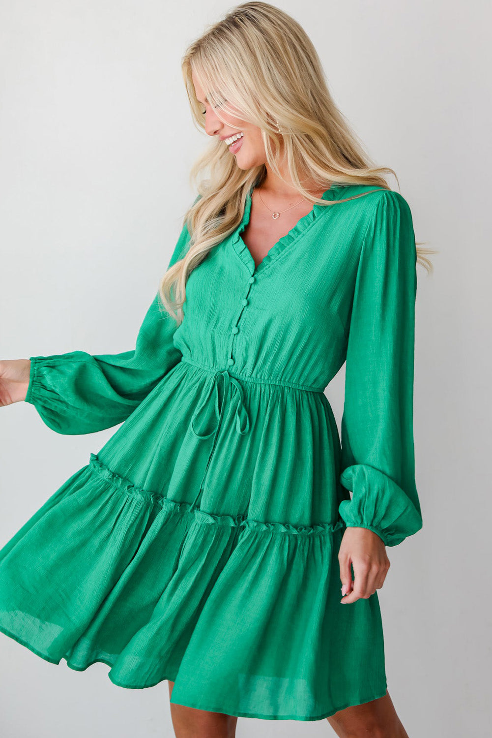 Sea Green Frilly V Neck Puff Sleeve Drawstring Shift Mini Dress - Scarlett's Riverside Boutique 