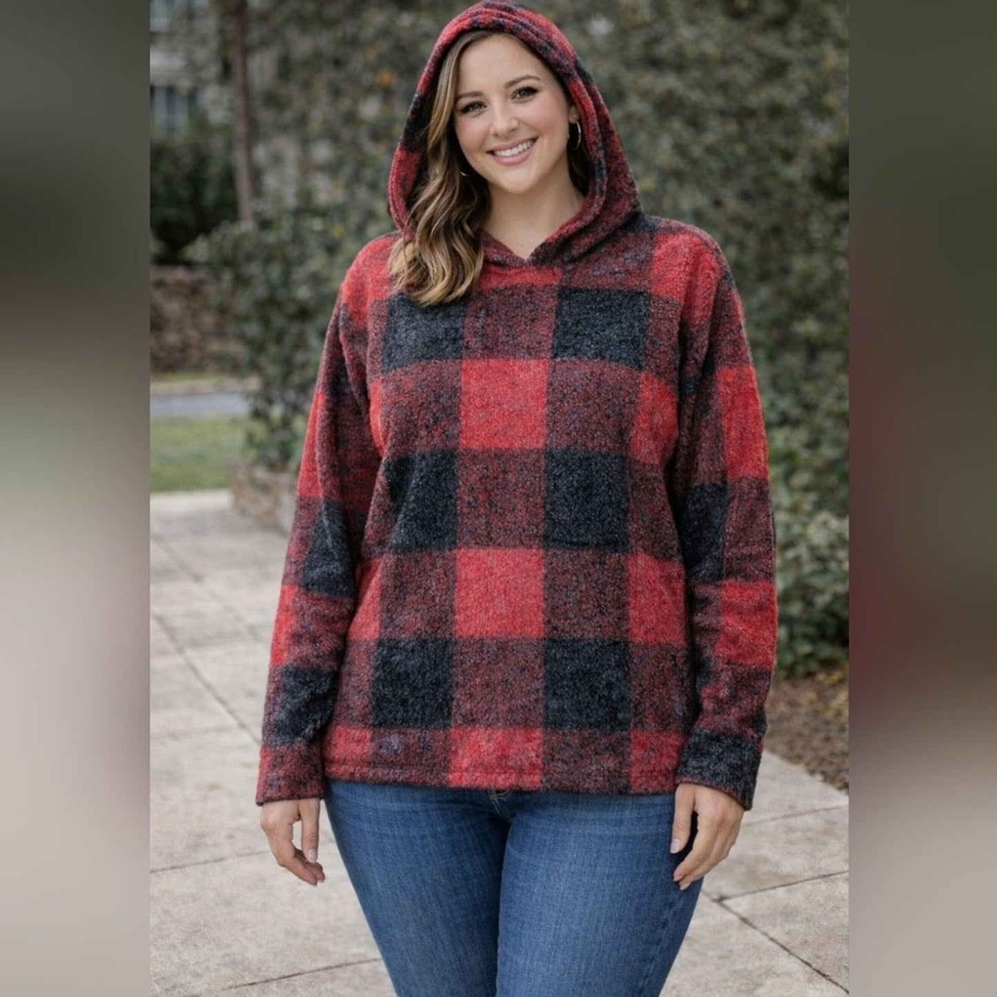 Natural Reflections Women's Buffalo Plaid Hoodie Size L Red Black Soft Cozy #E14