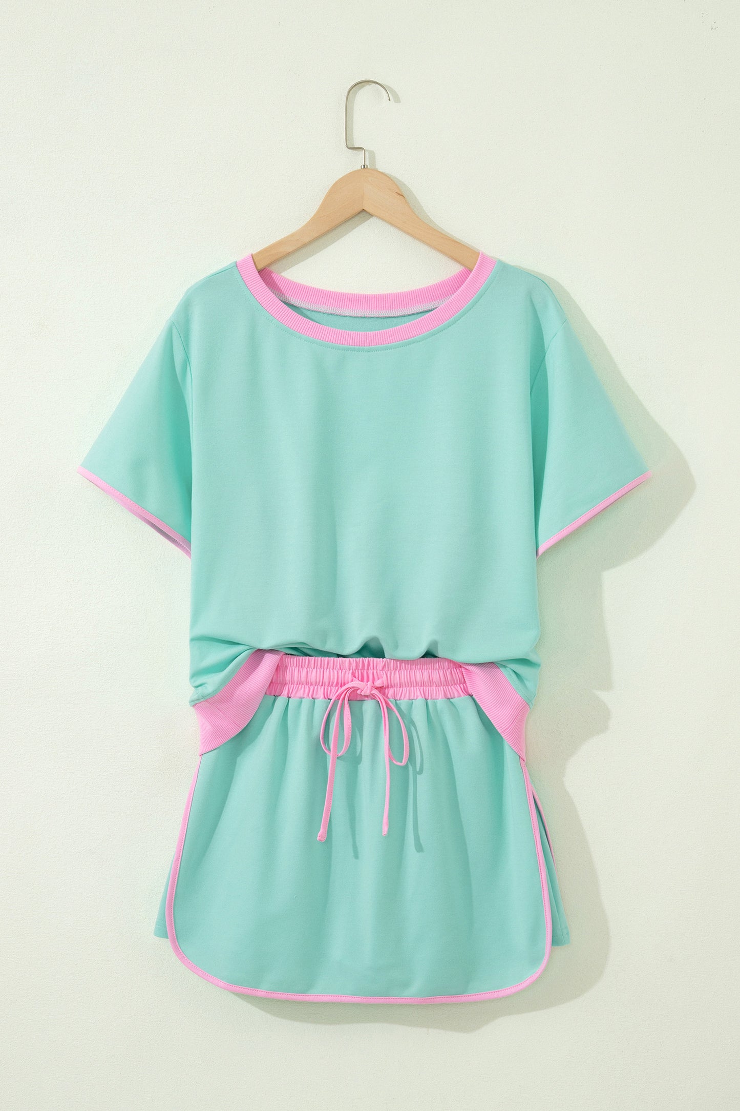 Turquoise Colorblock Edge Drop Shoulder T Shirt and Skort 2Pcs Set