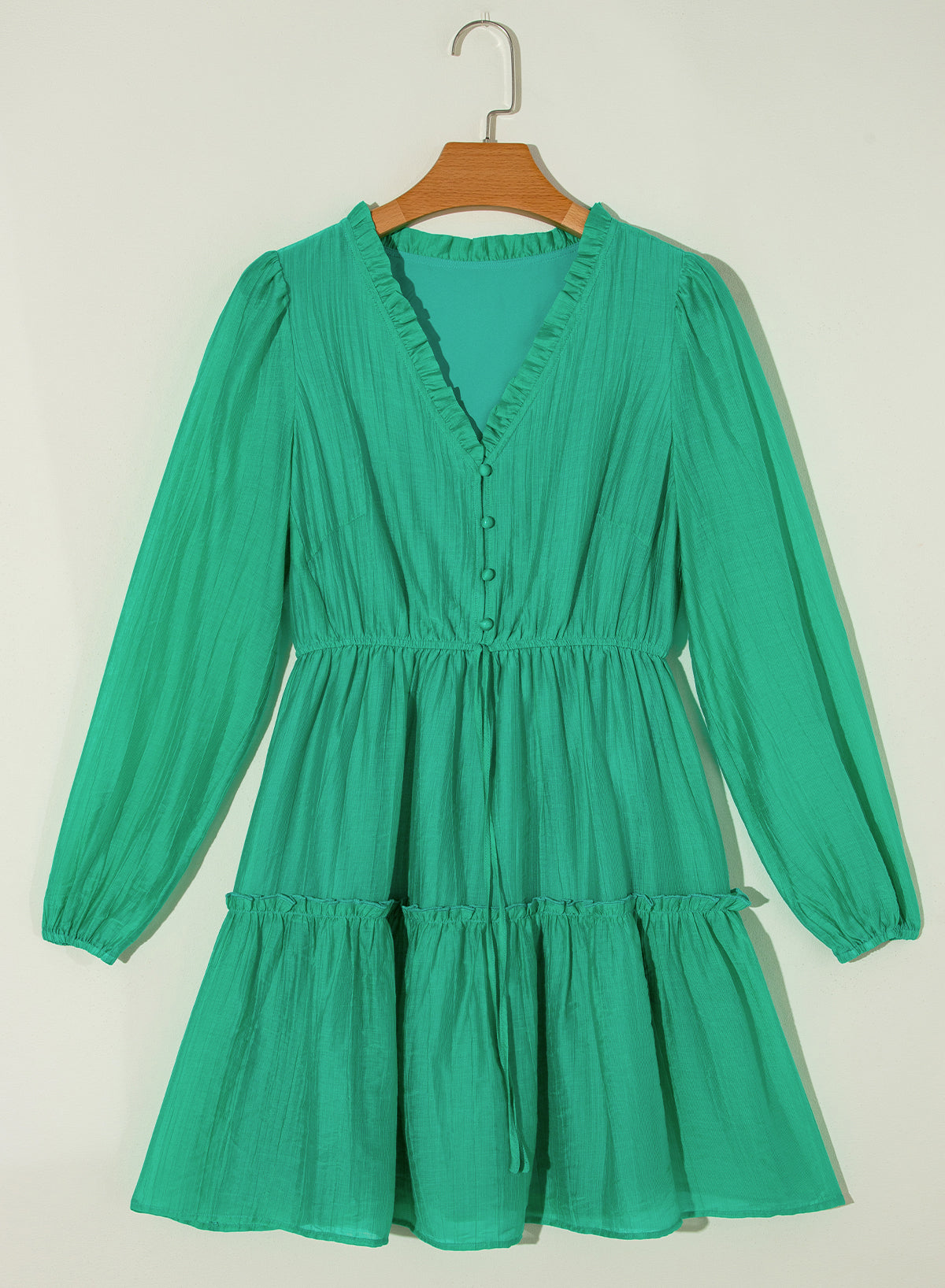 Sea Green Frilly V Neck Puff Sleeve Drawstring Shift Mini Dress - Scarlett's Riverside Boutique 