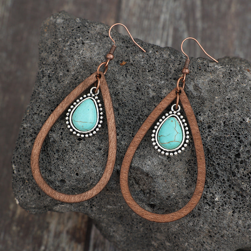 Wooden Turquoise Cutout Teardrop Earrings - Scarlett's Riverside Boutique 