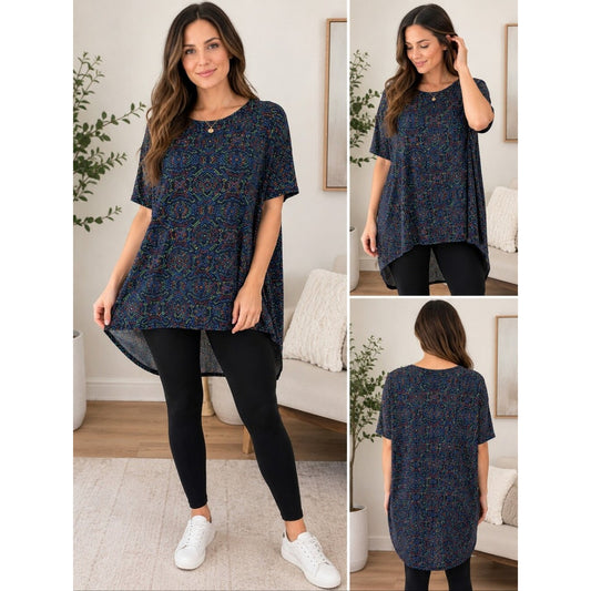 LuLaRoe Irma Tunic Top Womens L Navy Geometric Print High Low Hem Stretch OS L