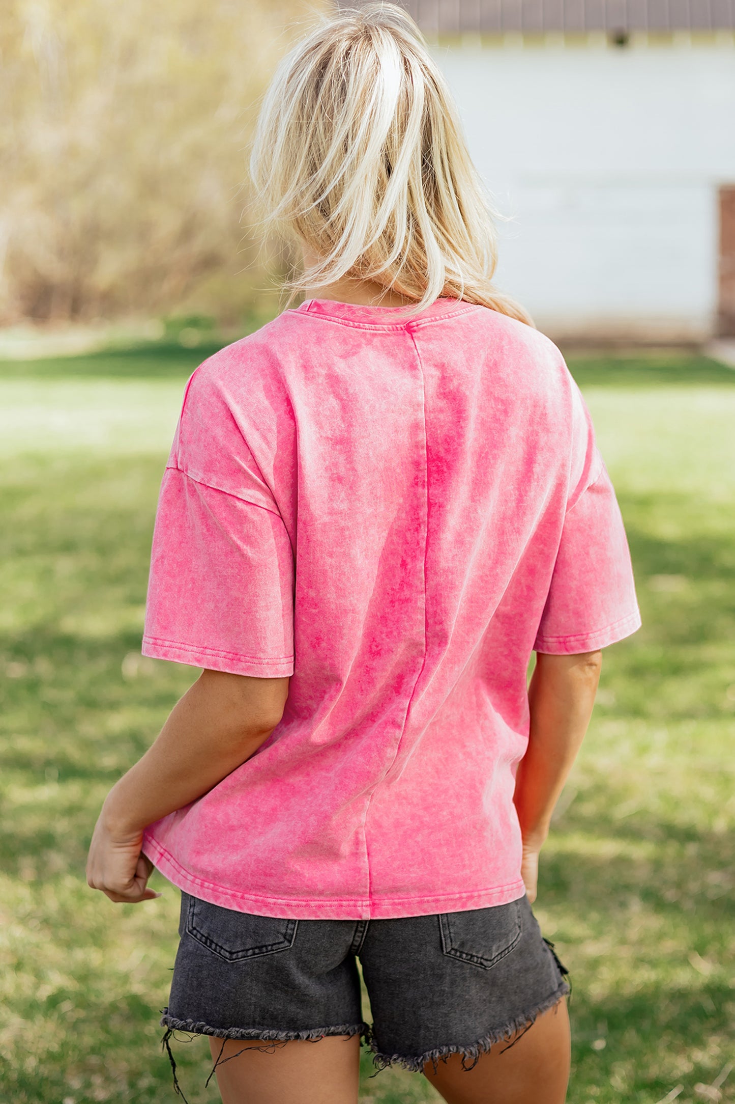 Sachet Pink Mineral Washed Oversized Cotton Tee Womens Casual Short Sleeve Relaxed Top