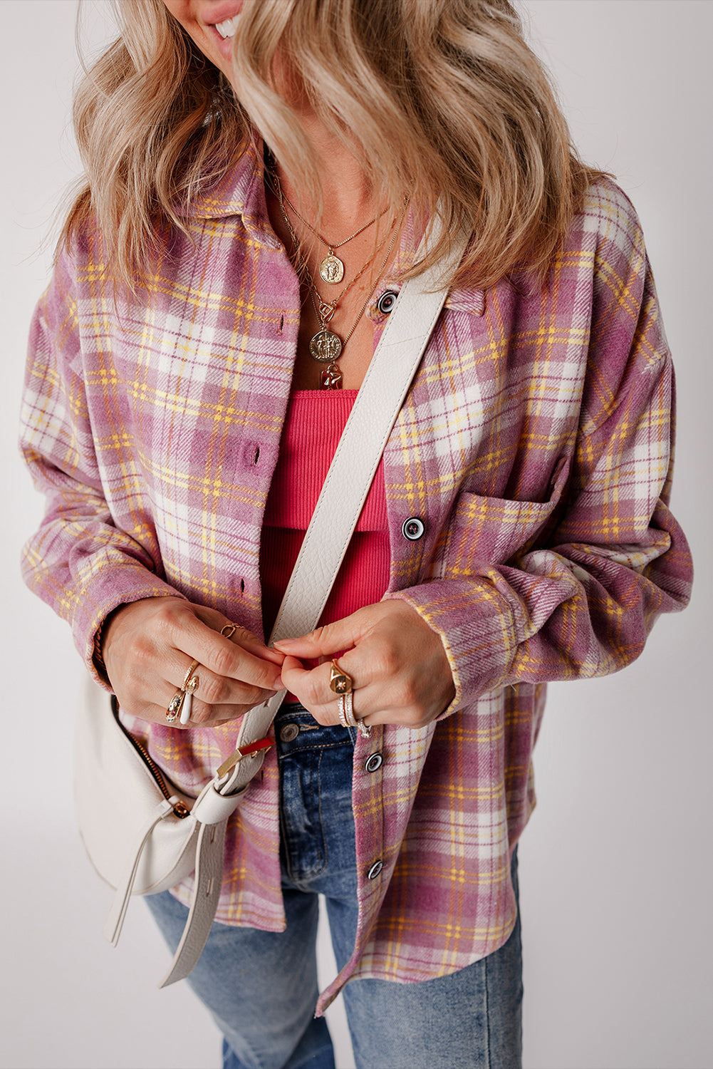 Pink Plaid Print Chest Pocket Long Sleeve Shacket - Scarlett's Riverside Boutique 