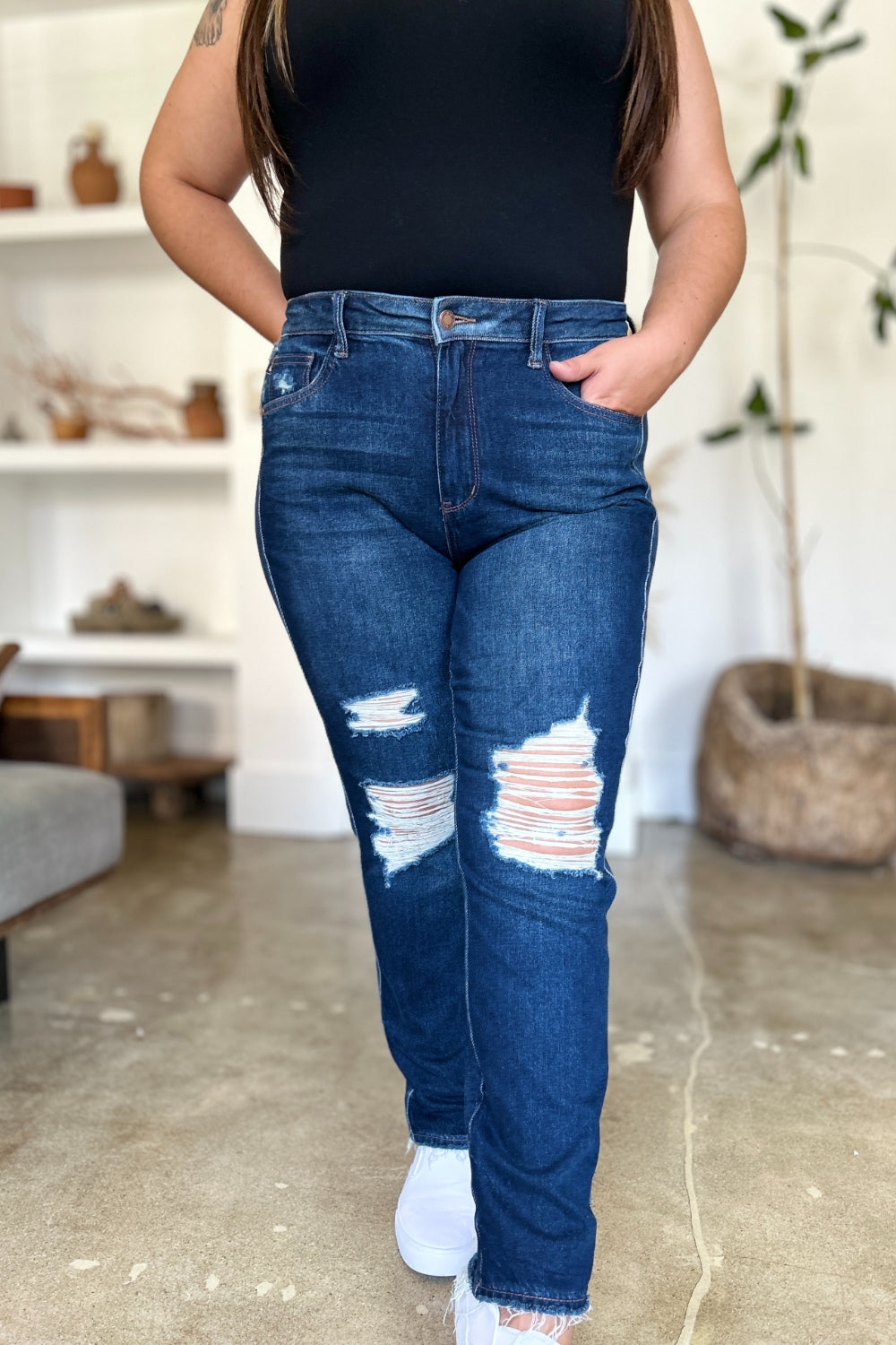 Judy Blue, High Waist destroyed denim jeans. Inseam 30" - Scarlett's Riverside Boutique 