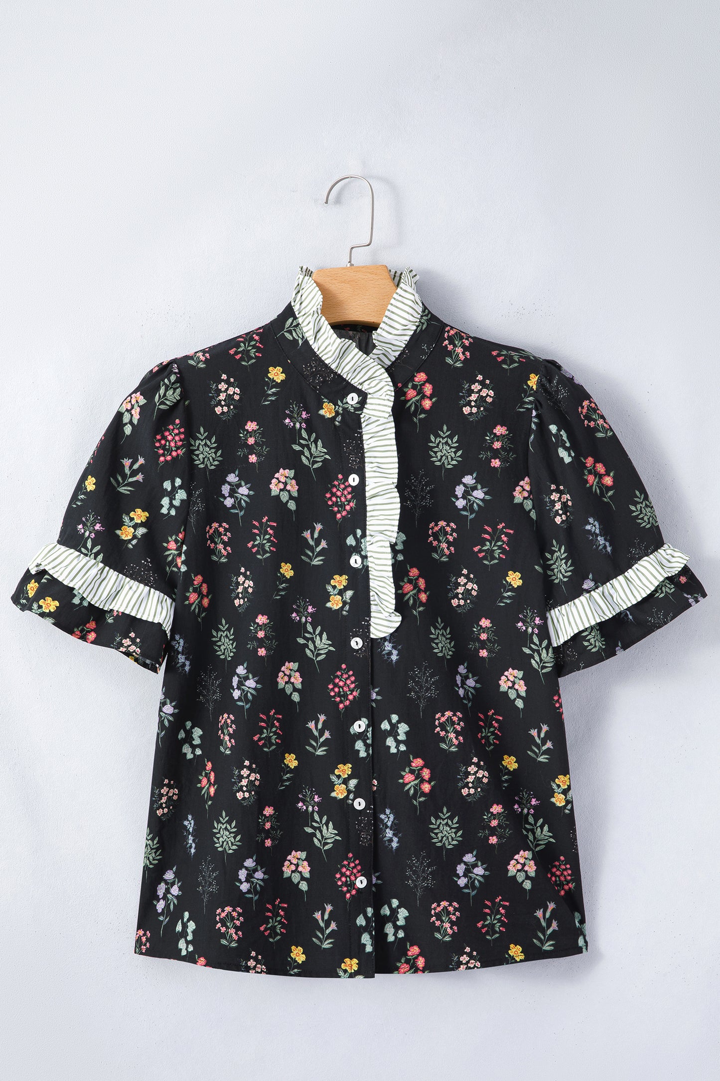 Women’s Black Floral Ruffle Blouse | Button Down Romantic Cottagecore Top with Striped Detail