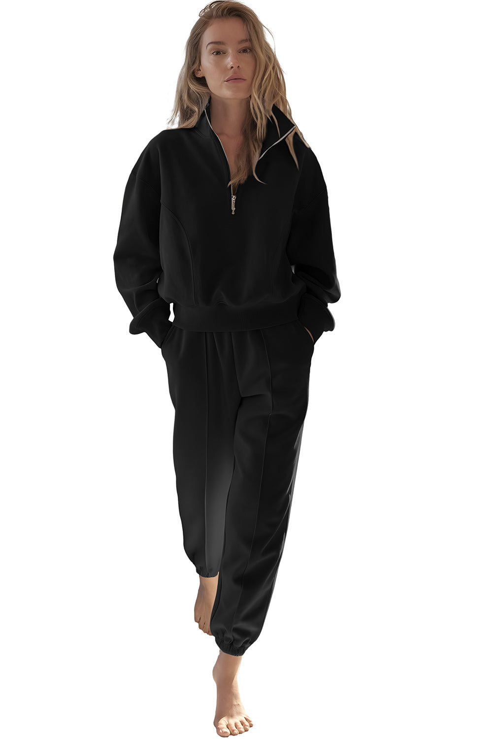 Black Half Zip up Pullover Active Top and Joggers Set - Scarlett's Riverside Boutique 