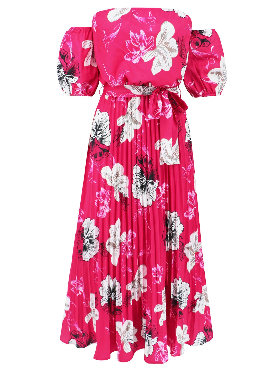 Pleated Floral Off-Shoulder Short Sleeve Midi Dress - Scarlett's Riverside Boutique 