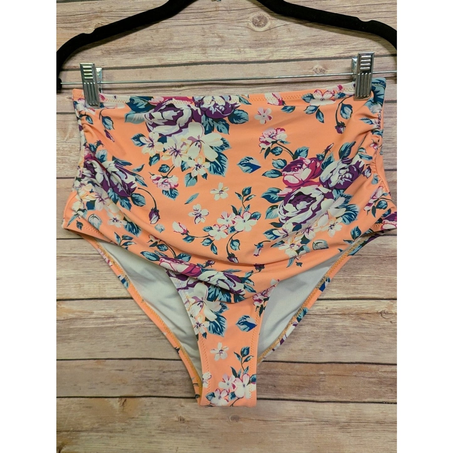 Women’s High Waisted Floral Bikini Bottom Peach Purple Tropical Swim Bottom Nwot