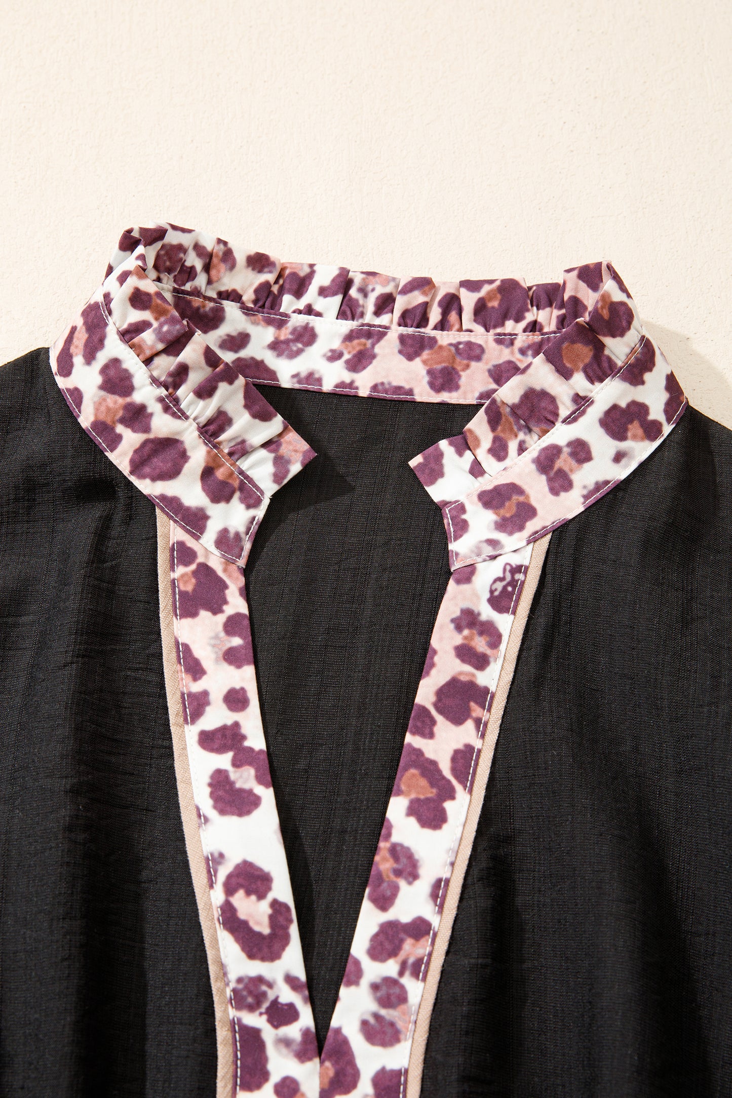 Black Leopard V Neck Patchwork Smocked Waist Plus Size Ruffled Dress