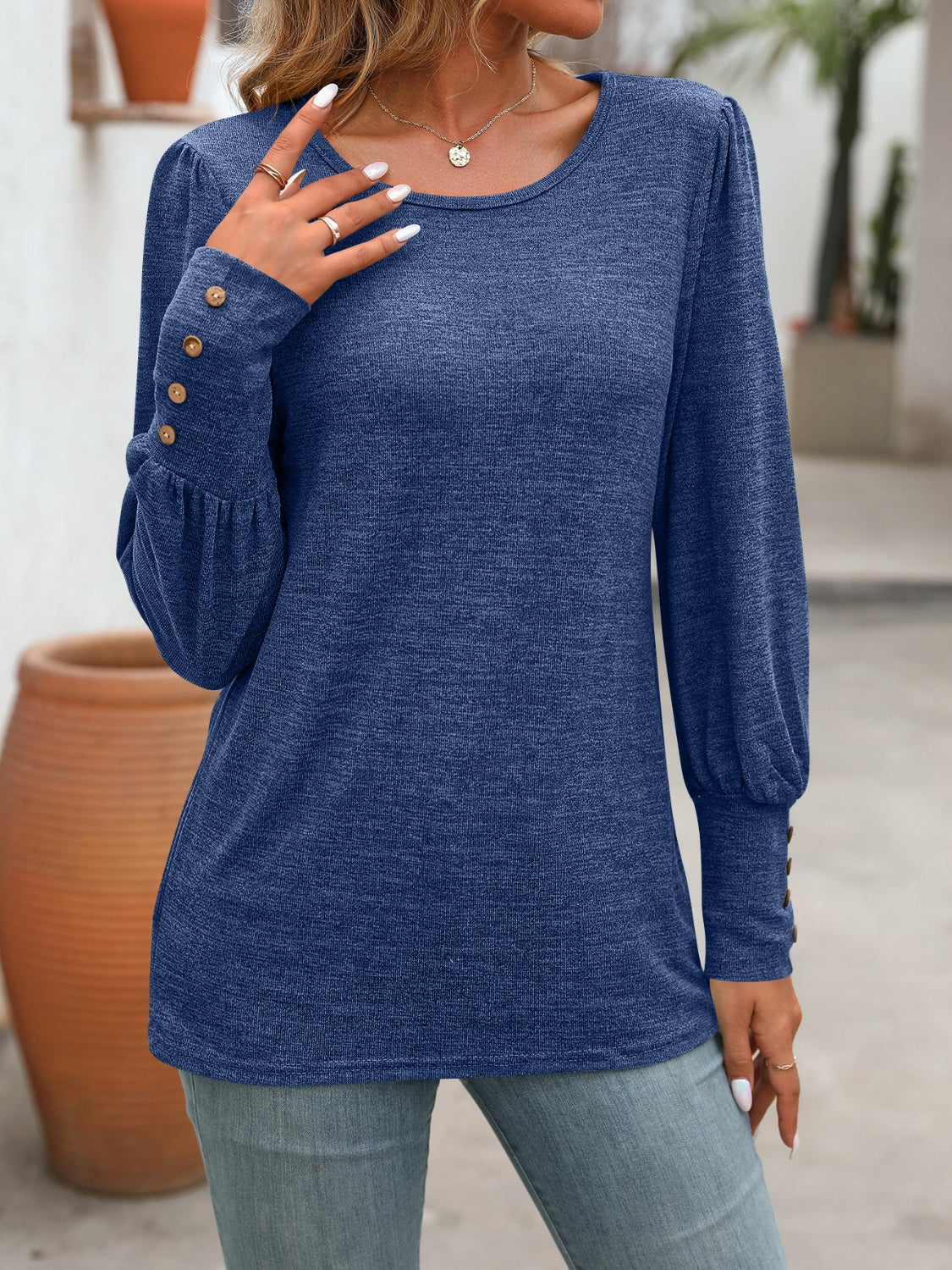 Decorative Button Round Neck Long Sleeve T-Shirt - Scarlett's Riverside Boutique 